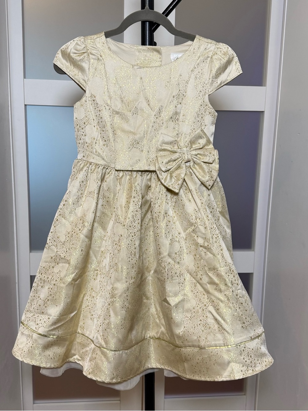 Disney Gold Mickey Mouse Girls Party Dress with Bow, size Medium (6-8).
